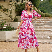 Anita | Tropical Print V-Neck Puff Sleeve Midi Dress