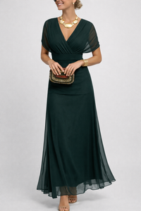 Anne | Evening V-Neck Maxi Dress with Wrap Waist and Flutter Sleeves