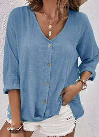 Anne | Linen Button-Front V-Neck Long Sleeve Blouse