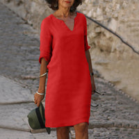 Anne | Relaxed V-Neck Midi Dress with Three-Quarter Sleeves