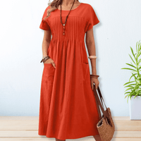 Bronwyn | Short Sleeve Pleated Pocket Midi Dress