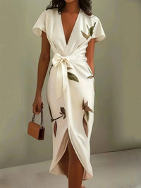 Cheryl | Elegant Wrap Midi Dress with Leaf Print and Tie Belt