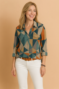 Cheryl | Geometric Print Button-Up Shirt with Chest Pockets