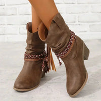 Cheryl | Western Slouchy Ankle Boots with Braided Tassel Strap