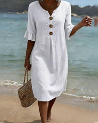Christine | Linen Midi Dress with Button Front and Flared Sleeves
