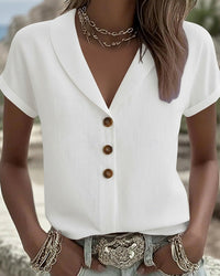 Colleen | Notched Collar Button Down Short Sleeve Blouse