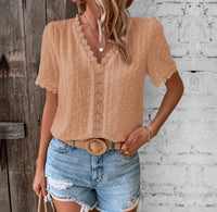 Colleen | Swiss Dot Lace-Trim V-Neck Blouse