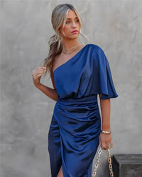 Deborah | One-Shoulder Satin Midi Dress with Draped Waist and Side Slit