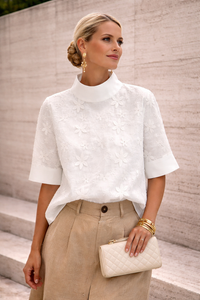 Debra | Embroidered Floral Blouse With Stand Collar