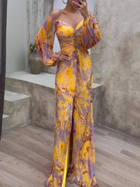 Debra | Pleated Maxi Dress with Long Sleeves and Front Split