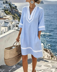 Debra | Striped V Neck Midi Dress with Contrast Trim