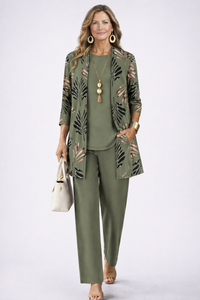 Dianne | Palm Print Open Jacket Tunic and Pants Three Piece Set