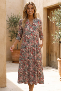 Elaine | Floral Print V-Neck Flare Midi Dress