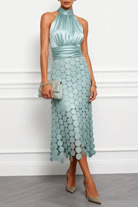 Elaine | Halter Neck Satin Circle Cutout Midi Dress