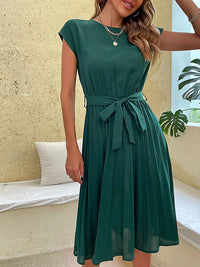Gail | Cap Sleeve Pleated Tie Waist Midi Dress
