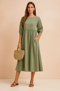 Gail | Midi Dress with 3/4 Sleeves and Gathered Waist