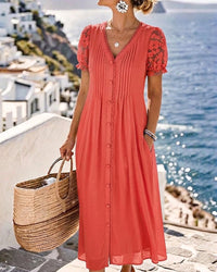 Gail | V-Neck Button Front Midi Dress With Lace Sleeves