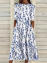 Gaye | Relaxed Leaf Print Midi Dress with Round Neck and Short Sleeves