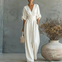 Glenda | White Wide-Leg Jumpsuit With V-Neck And Waist Detail