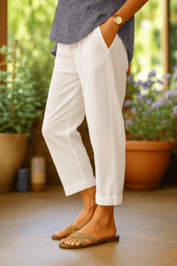 Helen | White Linen Cropped Tapered Trousers