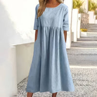 Janet | Round Neck Empire Waist Midi Dress With Pockets