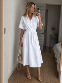 Jennifer | Eyelet White Midi Shirt Dress with Waist Tie