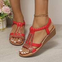 Julie | Crystal T-Strap Wedge Sandals with Braided Ankle Strap