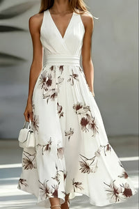 Julie | Floral Print V-Neck Midi Dress with Cinched Waist