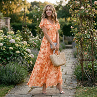 Julie | Floral V-Neck Wedding Guest Maxi Dress with Flutter Sleeves