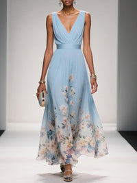 Karen | Floral Pleated V-Neck Maxi Dress