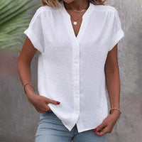 Karen | Swiss Dot White Blouse with V Neck Button Front