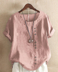 Kerrie | Short Sleeve Linen Blouse With Button Front Detail