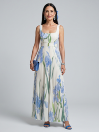 Kerry | Sleeveless Square Neck Floral Print Pleated Maxi Dress