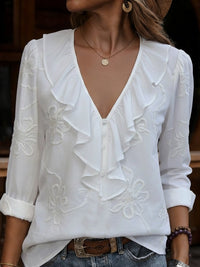 Kim | Embroidered Floral Ruffle V-Neck Blouse