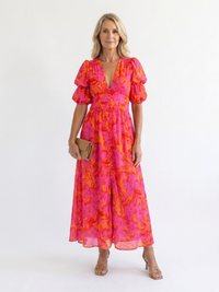 Leanne | Floral V-Neck Puff Sleeve Midi Dress
