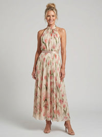 Leanne | Pleated Floral Halter Neck Midi Dress