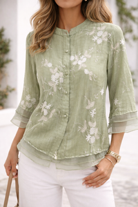 Lesley | Embroidered Floral Button-Front Blouse