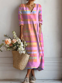 Lesley | Linen V-Neck Plaid Maxi Dress with Pockets