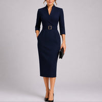 Lyn | Workwear Belted V-Neck Bodycon Midi Dress