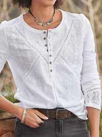 Lynne | White Lace Long Sleeve Henley Top