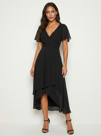 Margaret | Wrap V-Neck Flutter Sleeve High-Low Midi Dress