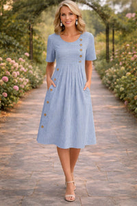 Maureen | Striped Midi Dress with Button Detail and Pockets