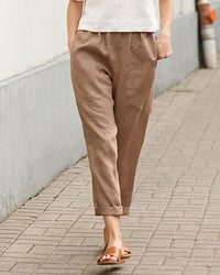 Maureen | White Linen Tapered Trousers with Elastic Waistband