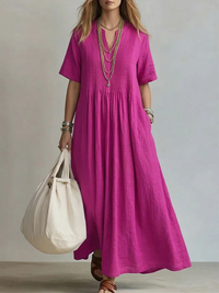 Michelle | Linen Pleated V-Neck Maxi Dress