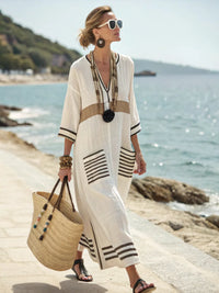 Narelle | Oatmeal Striped V-Neck Maxi Dress