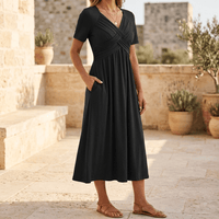 Pamela | Crossover V-Neck Ruched Midi Dress