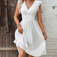 Pamela | Eyelet V-Neck Midi Dress With Ruffled Cap Sleeves