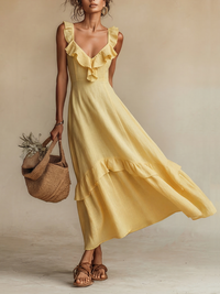 Patricia | Ruffle V-Neck Linen Maxi Dress