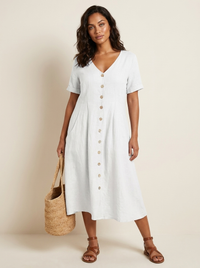 Patricia | White Button Front V-Neck Midi Dress