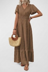 Rhonda | V-Neck Maxi Dress with Gathered Waist and Lace Trim